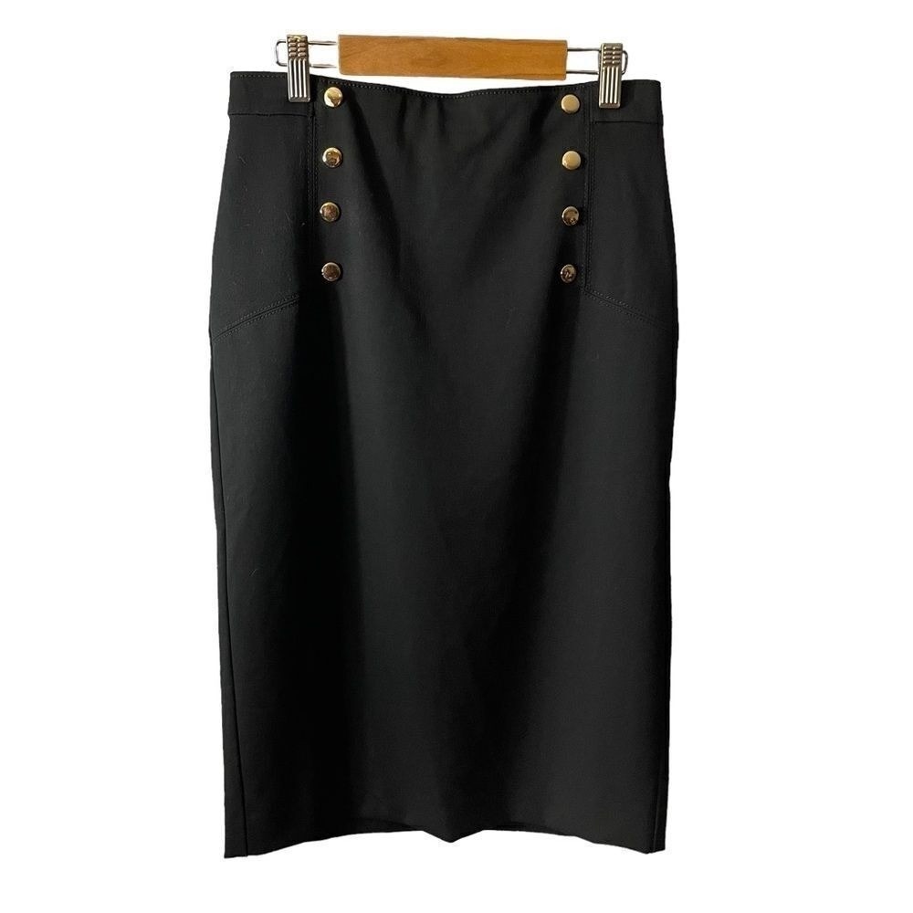 Ann Taylor Black Gold Button High Waisted Pencil Skirt Size 0 NWT